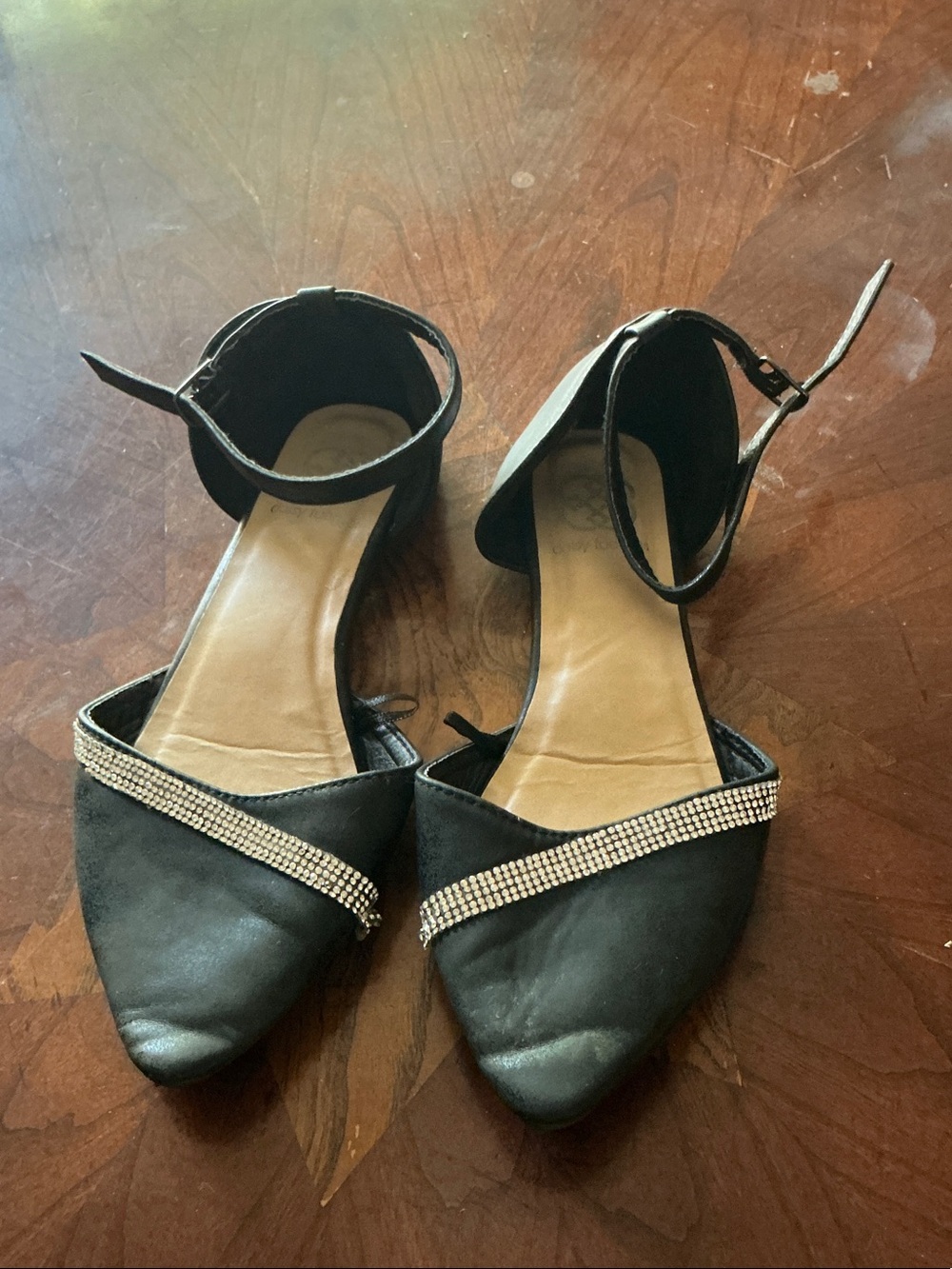 Black Pointed Flats with Ankle Strap and Rhinestone Band